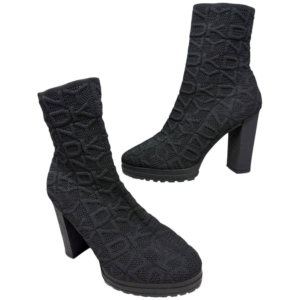 DKNY Tammy Black Knit Logo Chunky Platform Bootie